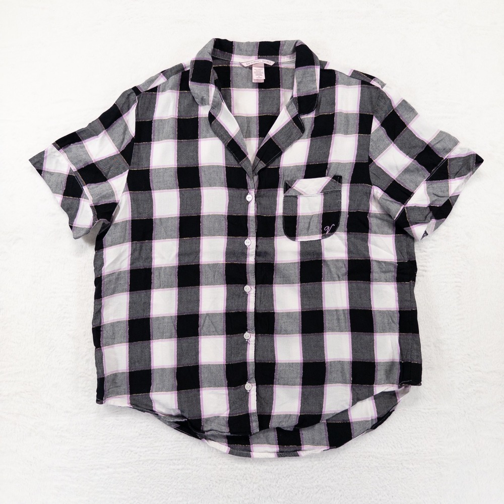 Victoria's Secret Womens Pajama Top M Black Purple Plaid Metallic Short Sleeve